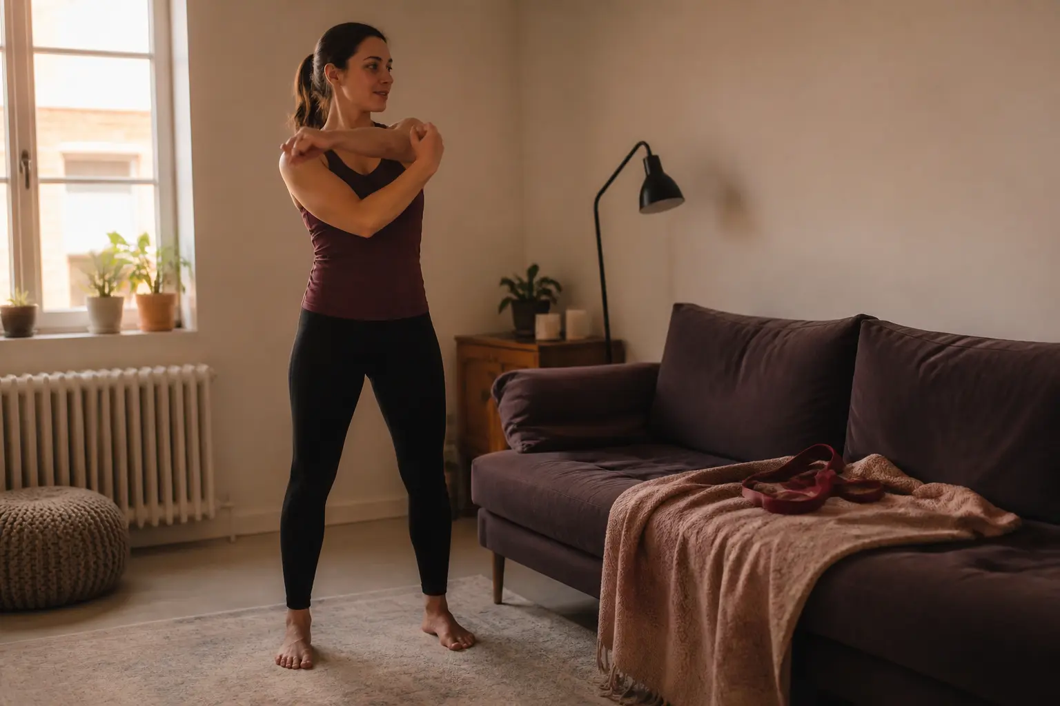 Programme exercice avec elastique : échauffement à domicile, personne faisant des mobilités articulaires dans un salon lumineux