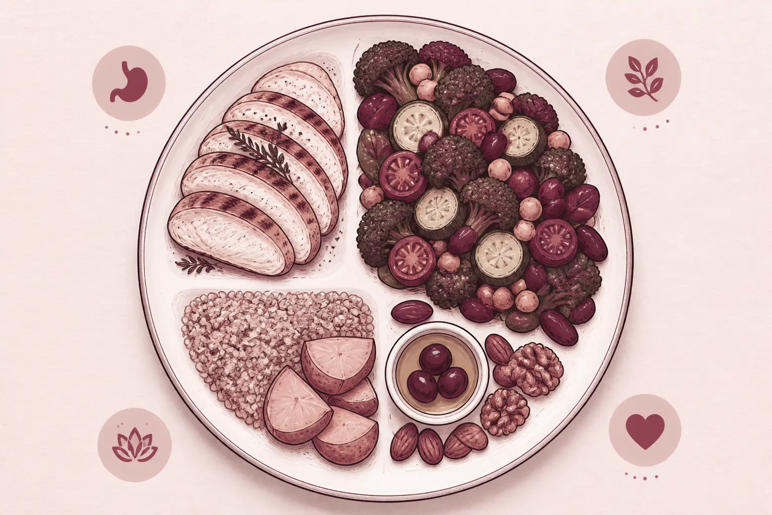 Assiette équilibrée pour proteine repas : protéines, légumes, féculents et bonnes graisses en portions simples.