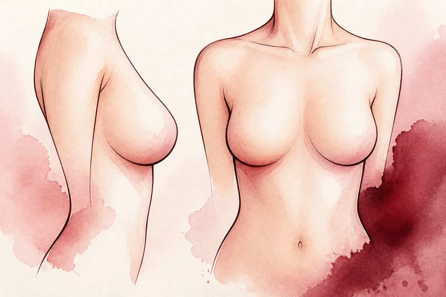 Illustration d’un sein en poires, torse féminin stylisé en vue frontale et latérale, base plus pleine, haut discret.