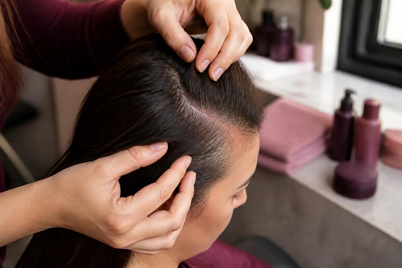soin tokio inkarami danger : coiffeur examinant un cuir chevelu sensible en salon, racines légèrement rouges, lumière douce