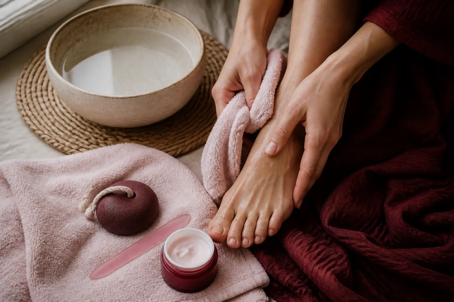 Soins maison pour pieds : pied séché et massé à la main, bassin, pierre ponce, lime et crème près d’une fenêtre