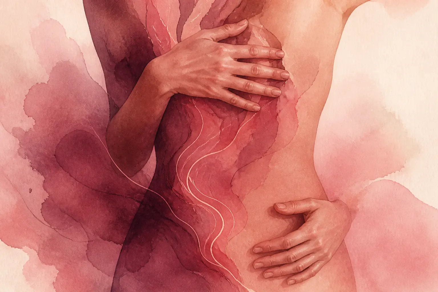 Somatopathe : illustration d’un torse humain avec mains douces, lignes fluides et tensions relâchées, tons rose et bordeaux