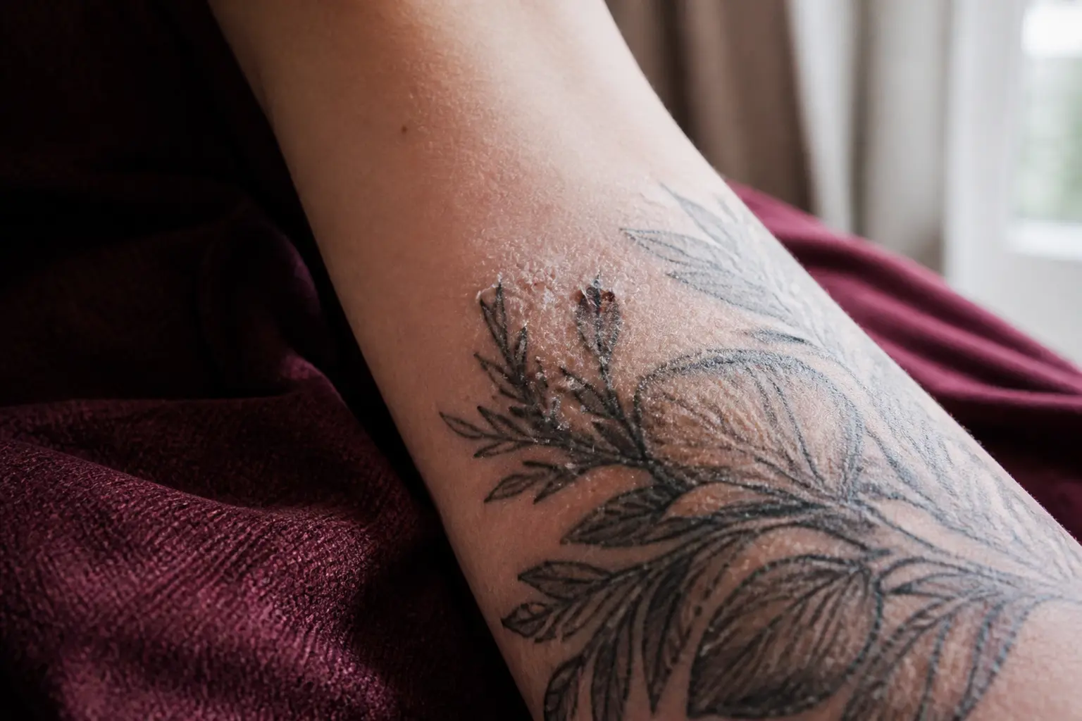 Tatouage blanchi sur avant-bras en cicatrisation, film blanchâtre, petites peaux sèches et croûtes fines près d’une fenêtre