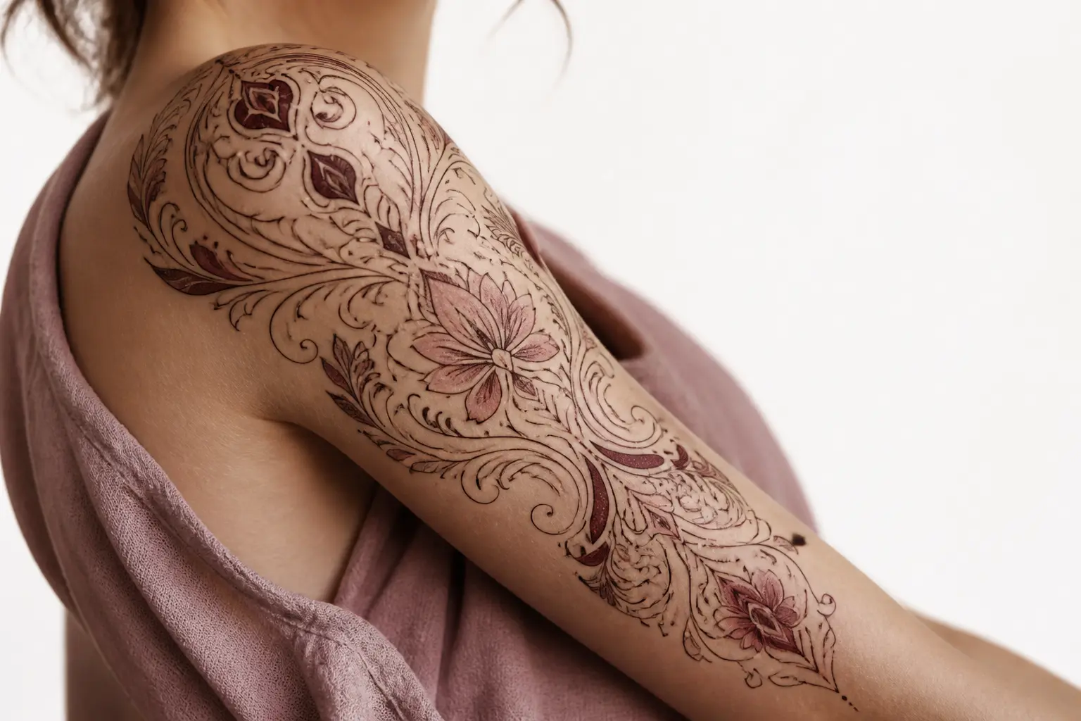 Tatouage ornemental sur avant-bras et épaule, motifs floraux et géométriques symétriques en encre noire et rose poudré.