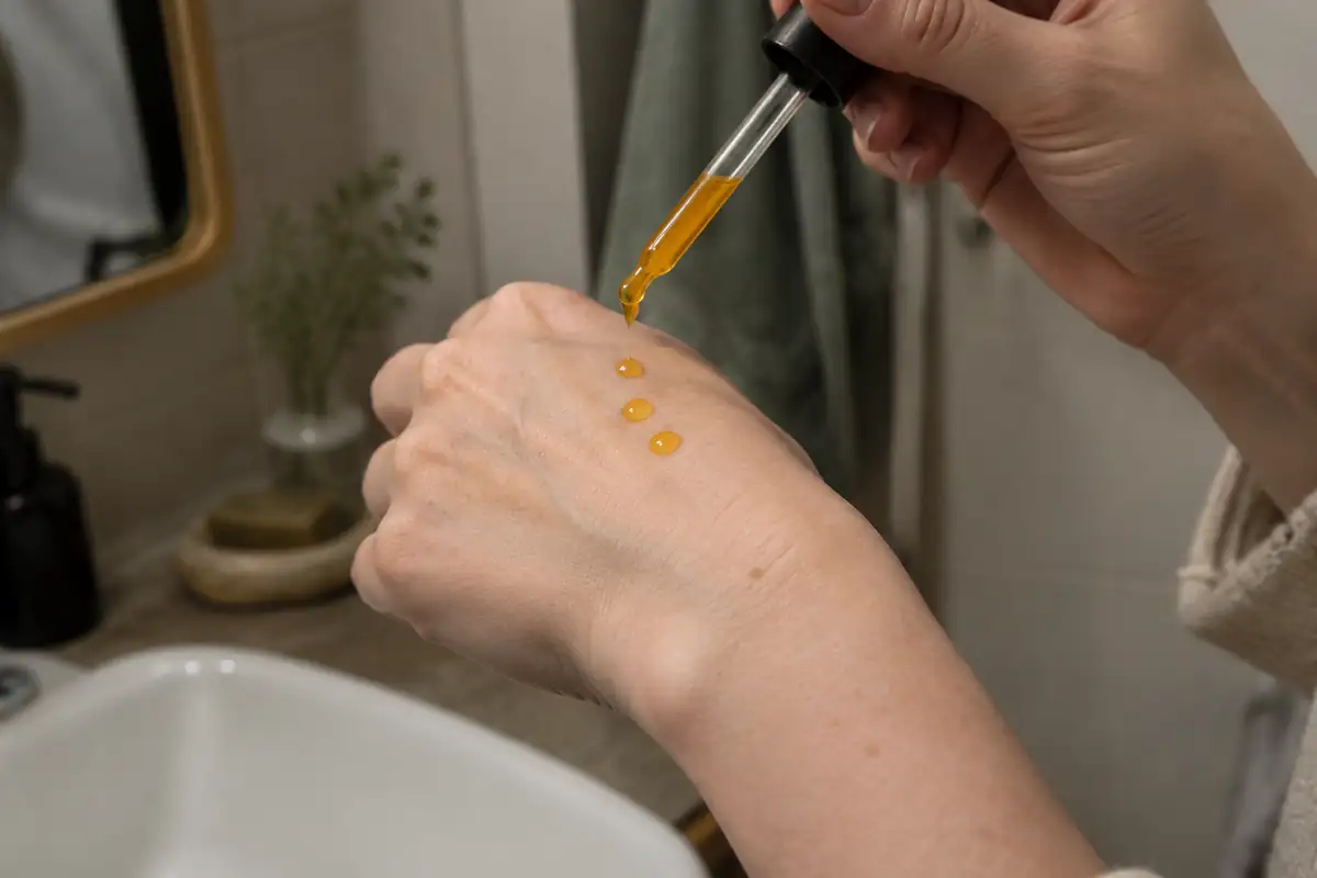 Trois gouttes d'huile orangée déposées au compte-gouttes sur le dos d'une main