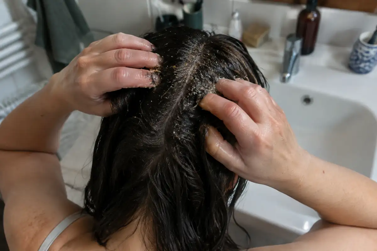 Des doigts massent un gommage granuleux le long d'une raie sur des cheveux mouillés, au-dessus d'un lavabo