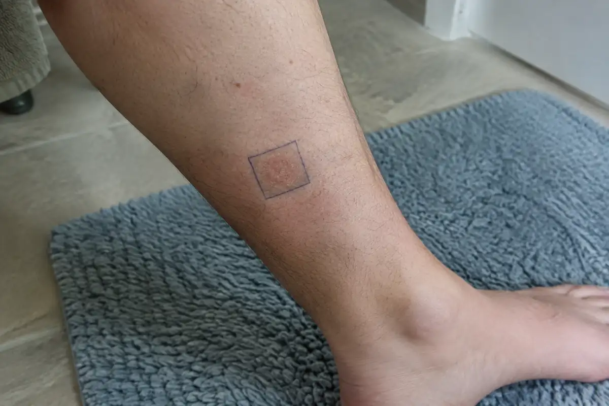Petite zone test tracée sur le bas d'une jambe, avant une épilation à la lumière pulsée