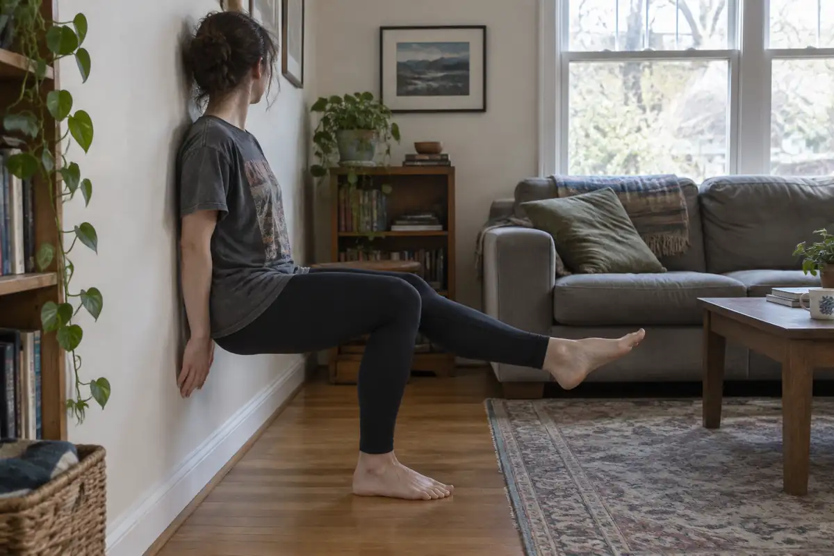 Exercice de la chaise contre un mur sur une jambe, dans un salon
