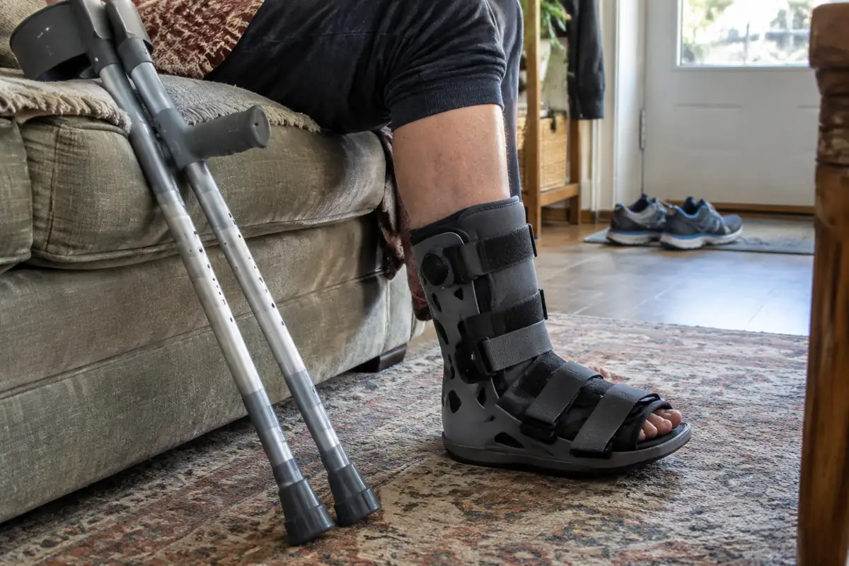 Pied dans une botte de décharge posé sur un tapis, béquilles appuyées contre un canapé