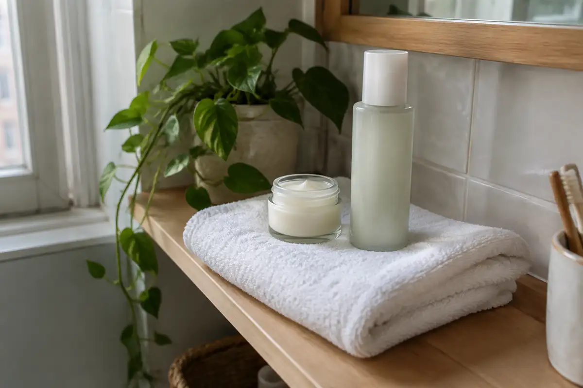 Pot de crème apaisante et flacon de lotion sur une serviette