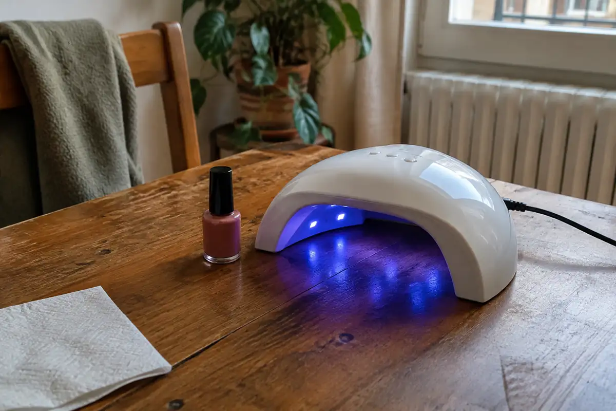 Petit flacon de gel pour ongles sans étiquette et lampe UV posés sur une table