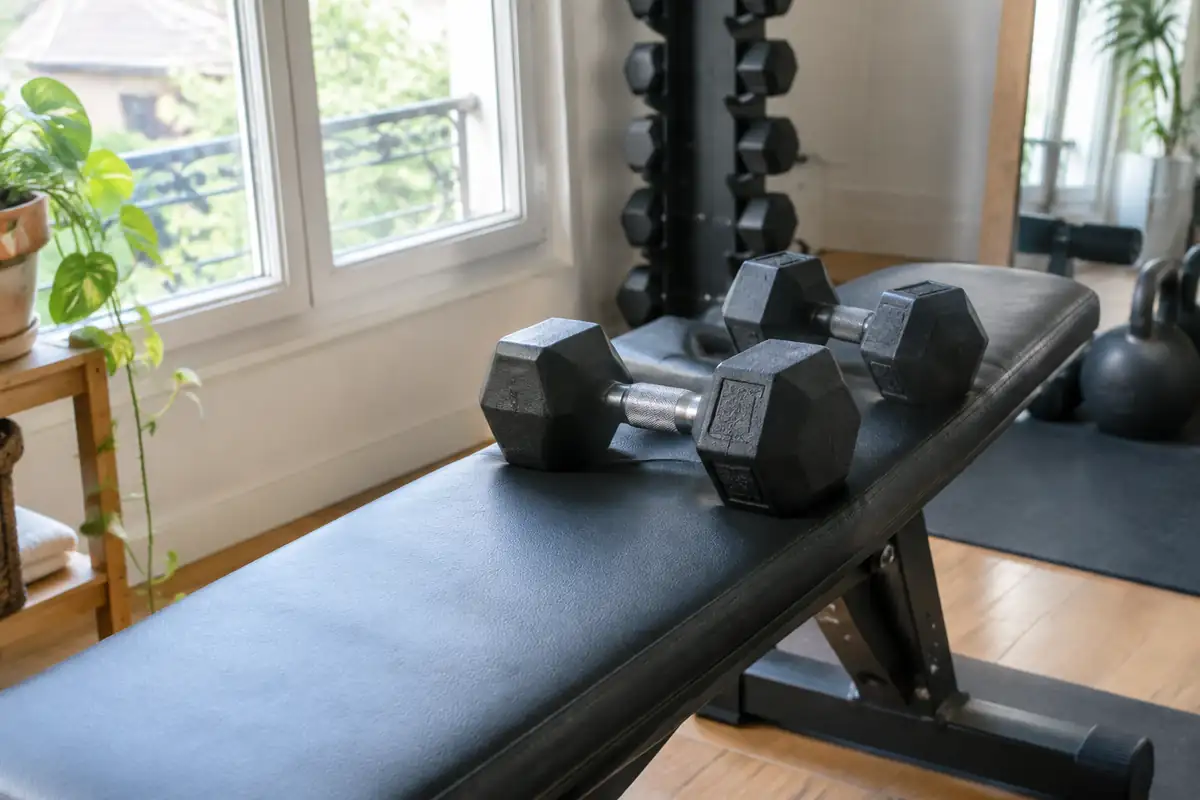 Deux haltères hexagonaux posés sur un banc de musculation près d'une fenêtre