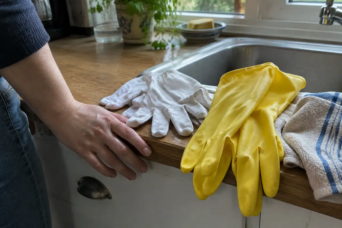 Gants de coton et gants de caoutchouc posés au bord d'un évier, à côté d'une main aux ongles courts à nu