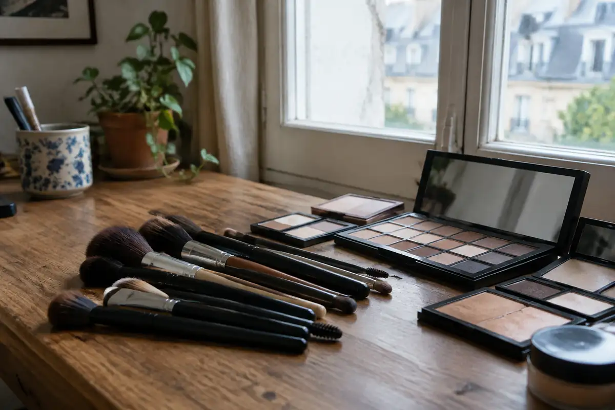 Pinceaux de maquillage et palettes aux teintes neutres posés près d'une fenêtre