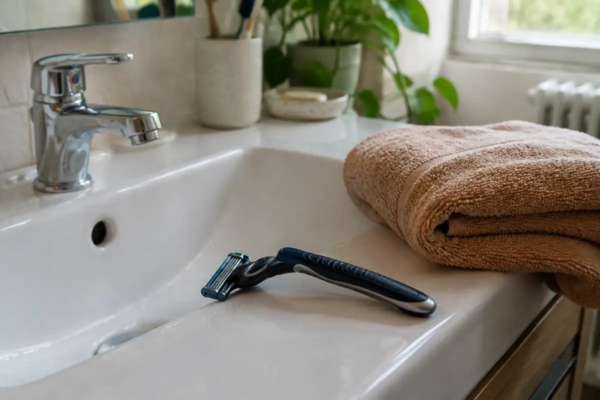 Rasoir posé sur un évier à côté d'une serviette chaude pliée