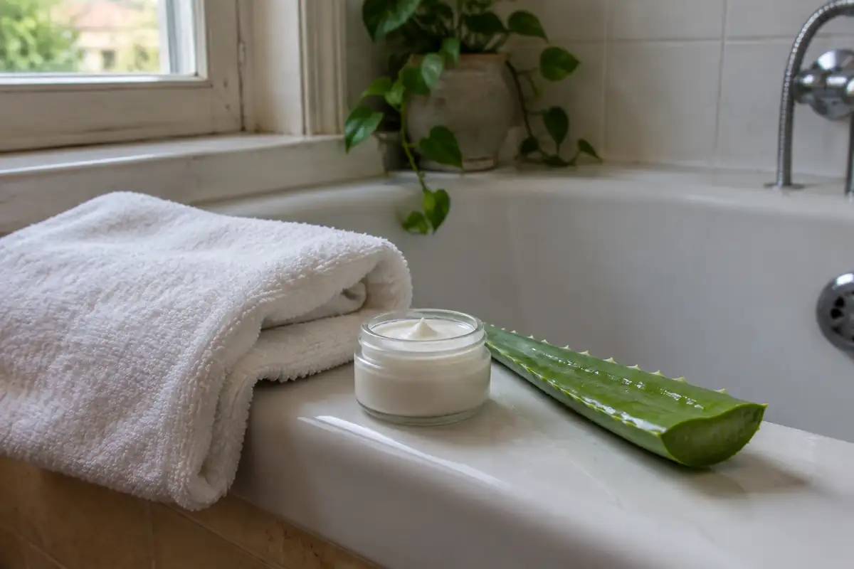 Serviette, crème apaisante et feuille d'aloe vera au bord d'une baignoire