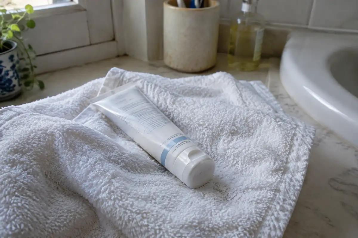 Tube de crème posé sur une serviette blanche